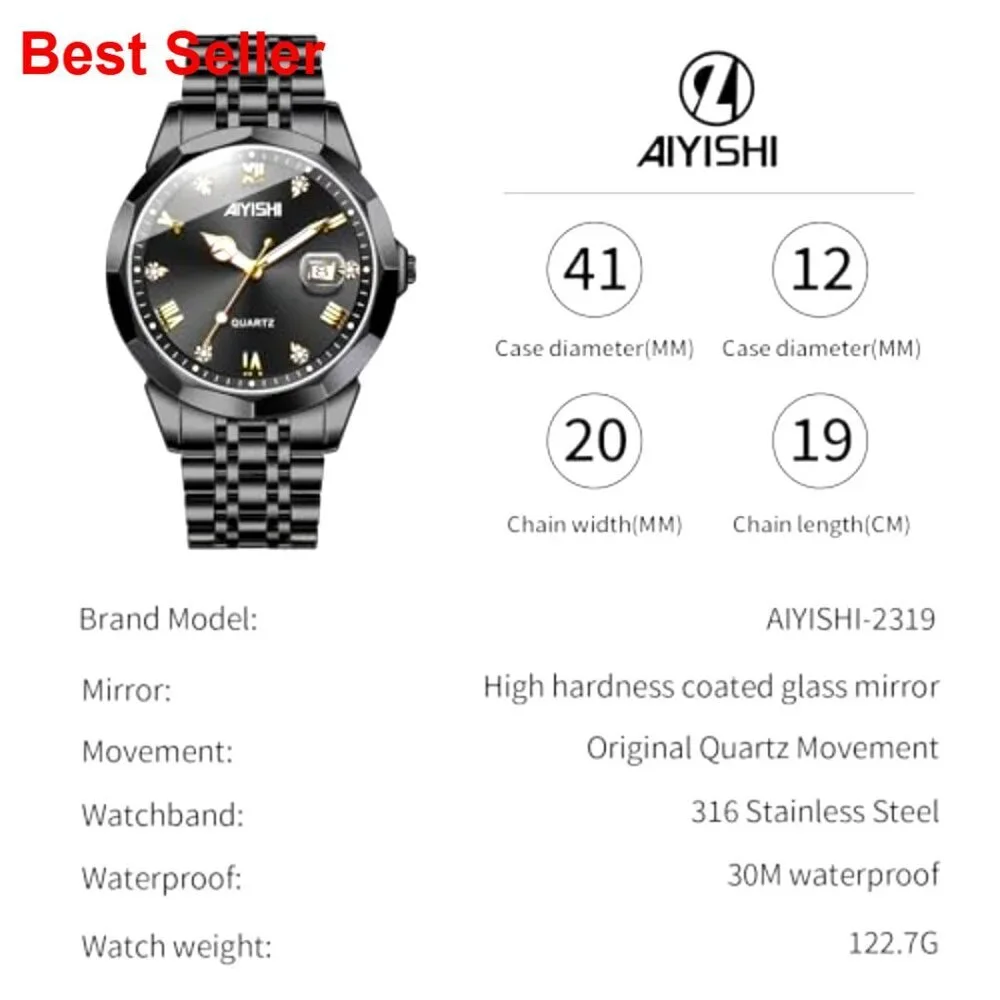 Stainless Steel Dress Watch with Roman Numerals Diamond Dial Waterproof